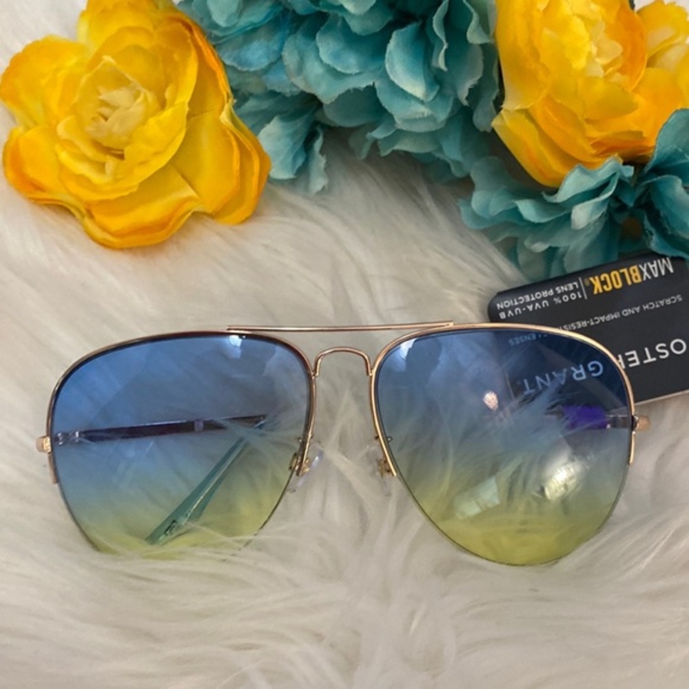 Women’s Aviator Sunglasses Blue/Yellow Lens Gold Frame & Arms Foster Grant NEW!